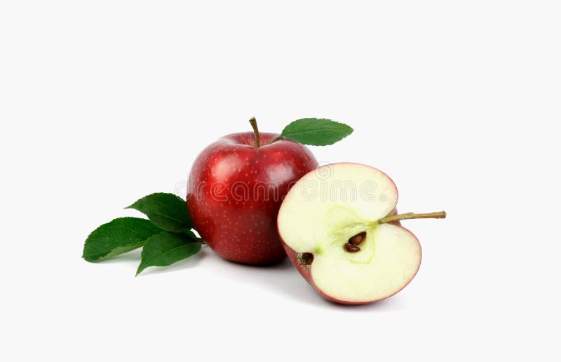 Ripe red apple fruit with apple half and green apple leaf isolated on white background.