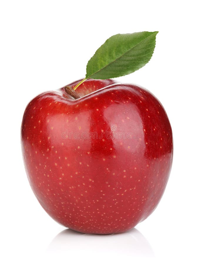 Ripe red apple with green leaf