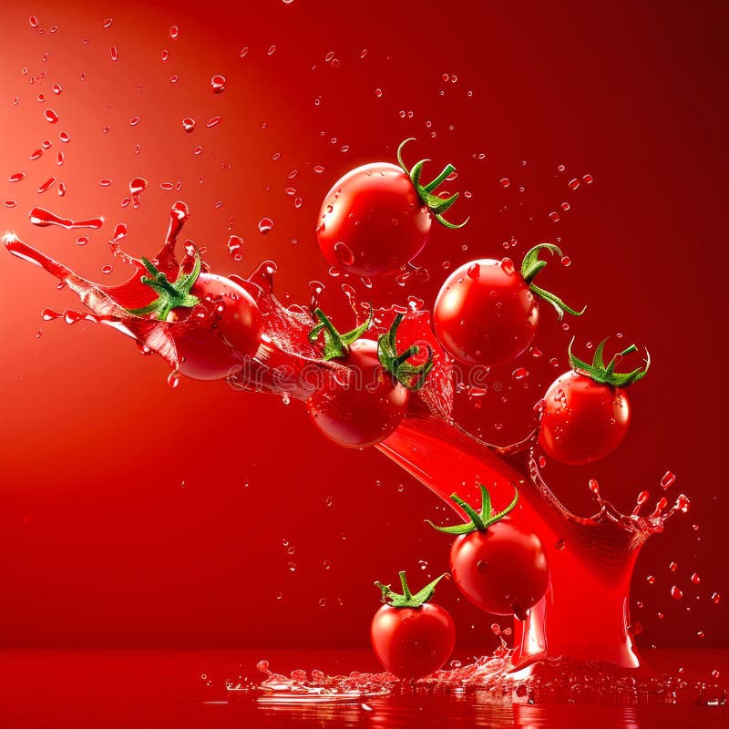 Tomate roșii coapte care se desprind în mijloc, înconjurate de un fond roșu aprins. captivant și dinamic acest vibrant royalty free stock image