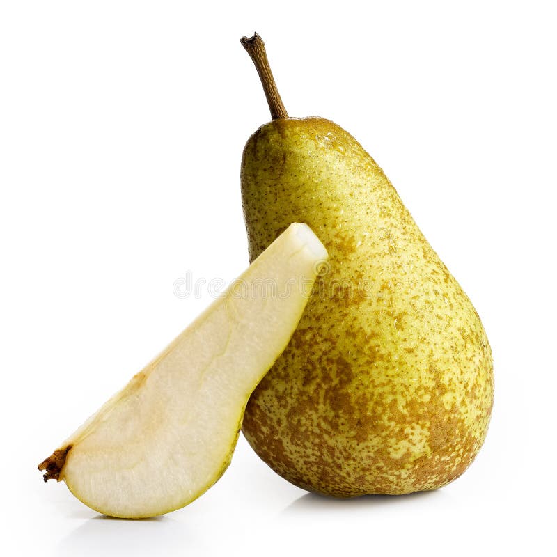 Single abate fetel pear next to a slice of pear isolated on whit stock photos Single abate fetel pear next to a slice of pear isolated on whit stock photos