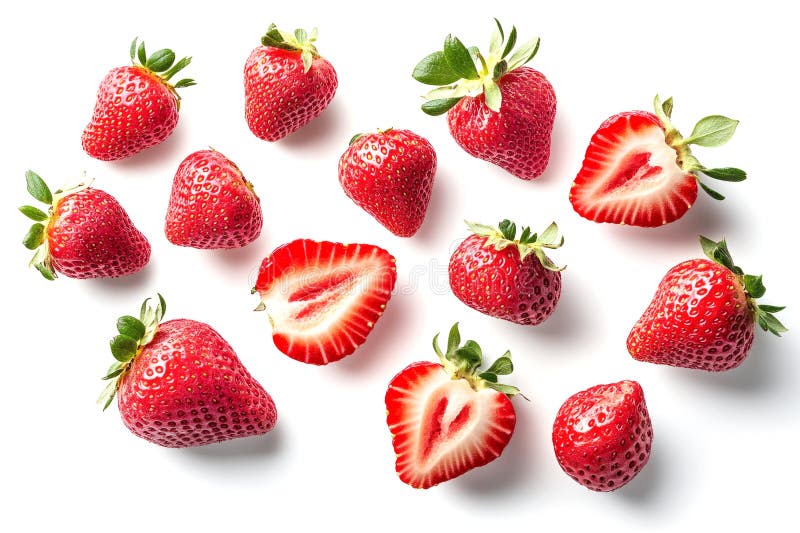 Ripe strawberries and cut halves creating a vibrant display on clean white backdrop fotografia de stock