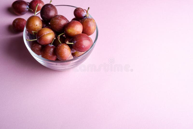 Ripe sweet plum fruits in glass bowl near with scattered plums on pink background, soft light, copy space