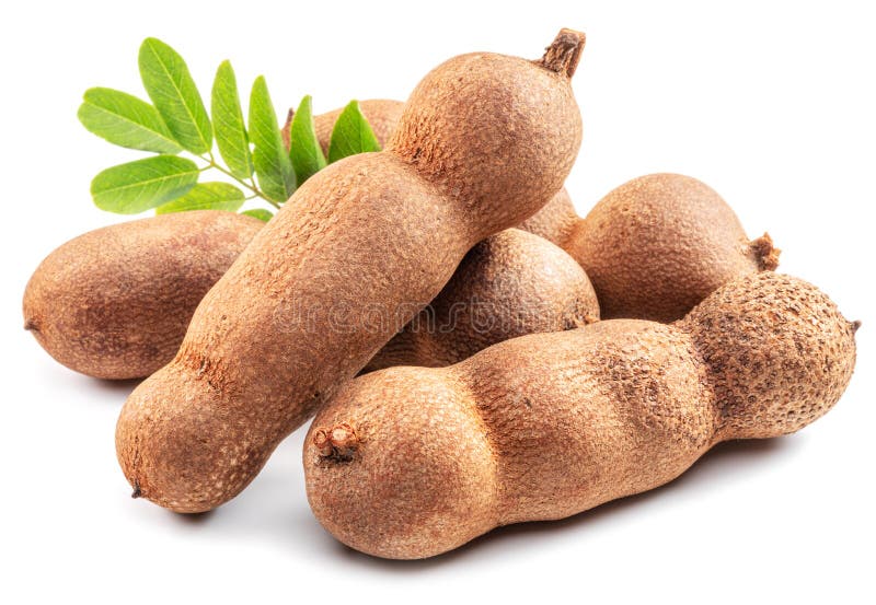 Ripe Tamarind Fruit Pods and Leaves Isolated on White Background Stock