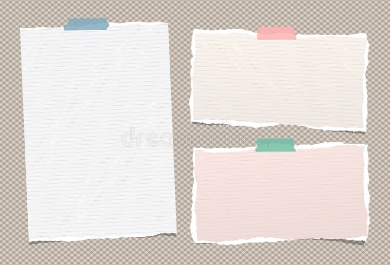 Ripped paper strips, notebook sheets for note or message stuck with sticky tape on squared brown background stock illustration