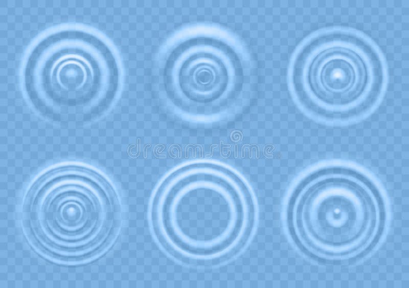 Ripple on blue water. Circular waves of liquid product top view, splash from falling drops, round radial ripples on sea