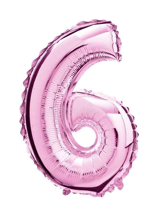 Ripresa verticale di un pallone d'oro rosa 6 isolato su fondo bianco. Immagine verticale di un pallone d'oro rosa numero 6 isolato su fondo bianco