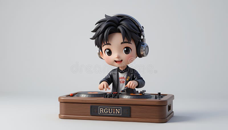Riproduzione di Chibi Boy DJ con rendering 3D a ventaglio illustrazione di stock