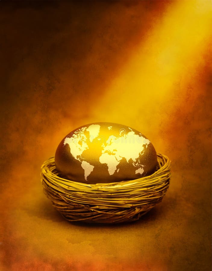 A gold egg with the world on it, in a nest with a golden tone. A gold egg with the world on it, in a nest with a golden tone