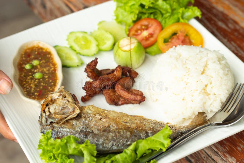 Ris, chilisås, fisken och griskött stekte med grönsaker på en whit fotografering för bildbyråer Ris, chilisås, fisken och griskött stekte med grönsaker på en whit fotografering för bildbyråer