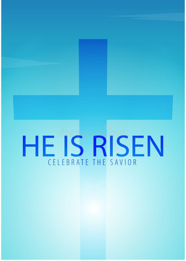 He is Risen. Celebrate the savior. Easter Church banner with cross, christian motive. Vector illustration. Dramatic, jesus.