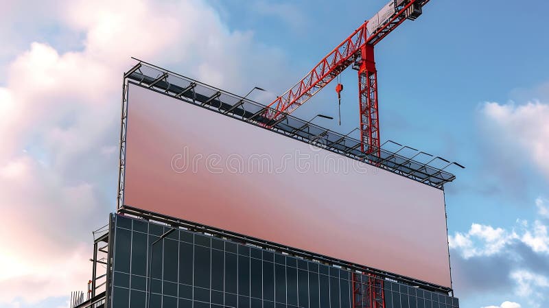 Generative AI : long hoarding with empty space for mock up on construction site red crane and blue sky background outside business concept. Generative AI : long hoarding with empty space for mock up on construction site red crane and blue sky background outside business concept.