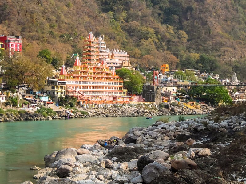 View of Ganga river embankment and Tera Manzil Temple, Trimbakeshwar in Rishikesh
