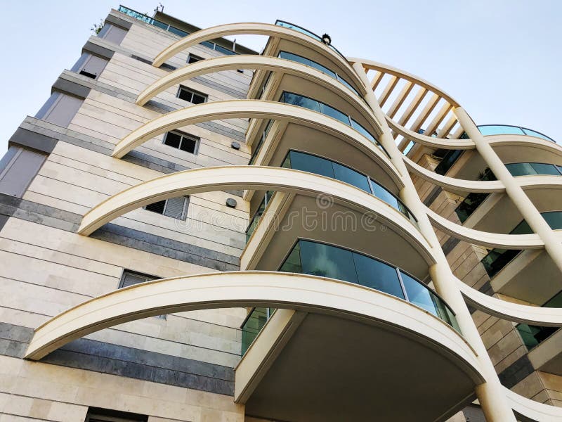 RISHON LE ZION, ISRAEL July 04, 2018: Residential buildings view from the bottom in Rishon Le Zion, Israel royalty free stock photo RISHON LE ZION, ISRAEL July 04, 2018: Residential buildings view from the bottom in Rishon Le Zion, Israel royalty free stock photo
