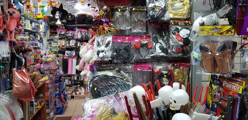 Plastic stuff for children exposed for sale in a shop before jewish purim masquerade