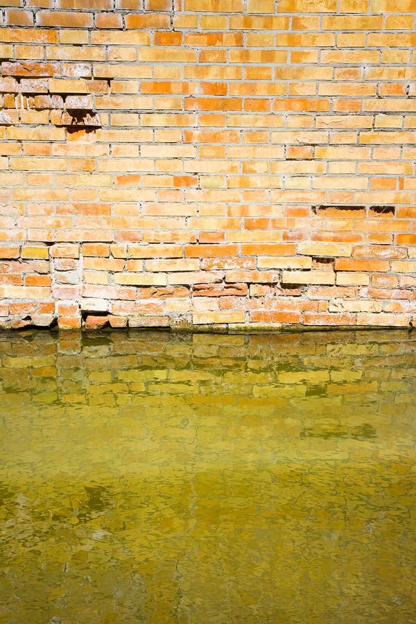 Rising damp on a brick wall in a channel full of water, Rising damp on