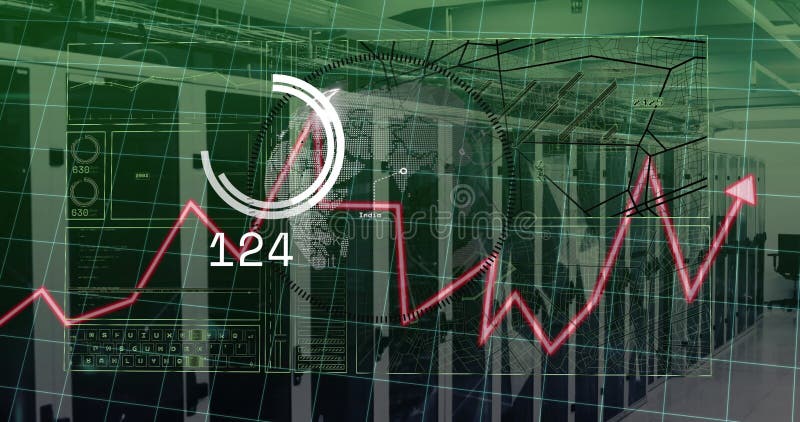 Rising graph and data processing animation over server room background stock video footage