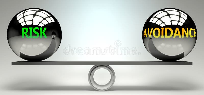 Risk and avoidance balance, harmony and relation pictured as two equal balls with text words showing abstract idea and symmetry vector illustration