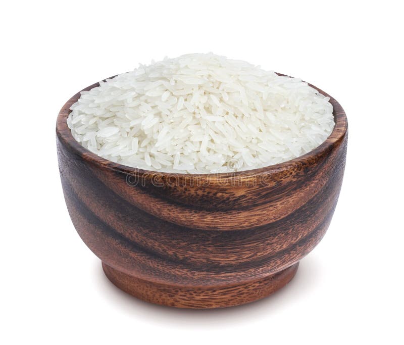 Riso del gelsomino in ciotola di legno isolata su fondo bianco immagine stock libera da diritti Riso del gelsomino in ciotola di legno isolata su fondo bianco immagine stock libera da diritti