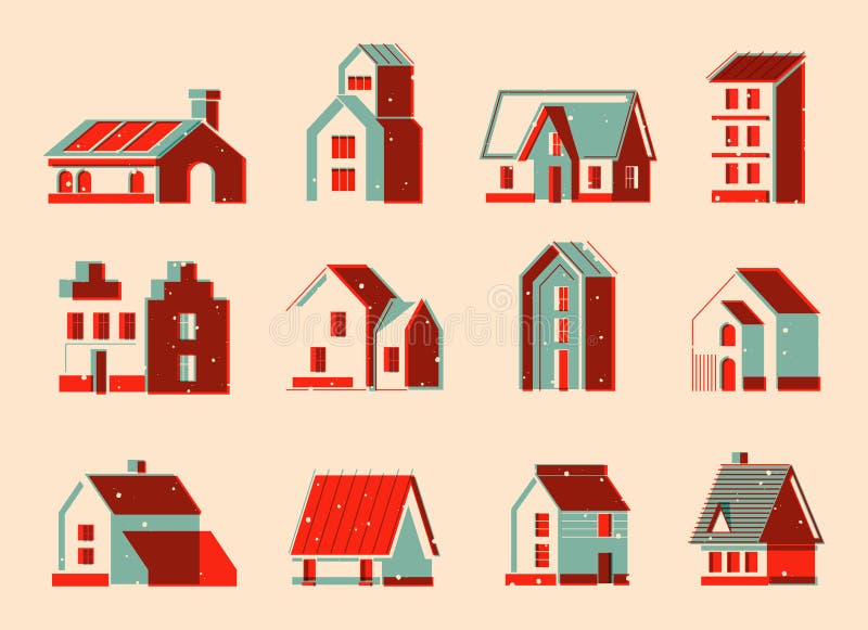 Riso print houses. Cartoon cute residential buildings, urban estate and town houses, vintage colorful architecture