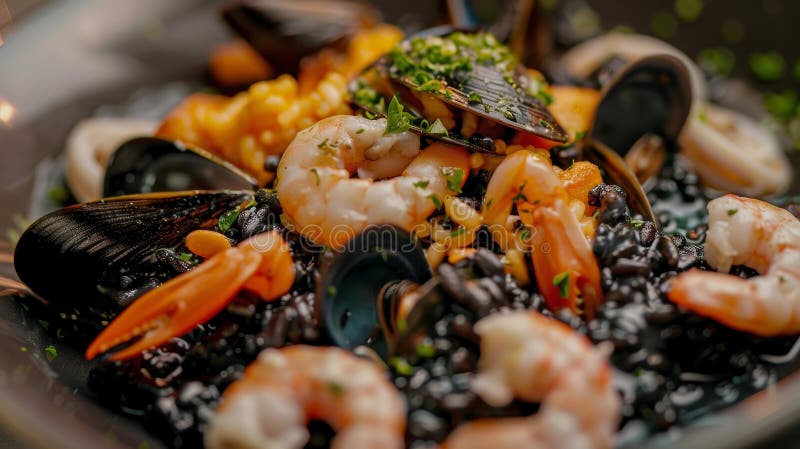 Risotto ai frutti di mare mit Tintenfisch : cremiges schwarzes Risotto mit Kalmare-Muscheln und Muscheln, überragt von einem Dollo stock abbildung