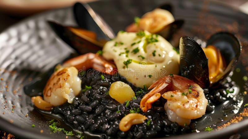Risotto ai frutti di mare mit Tintenfisch : cremiges schwarzes Risotto mit Kalmare-Muscheln und Muscheln, überragt von einem Goldd vektor abbildung