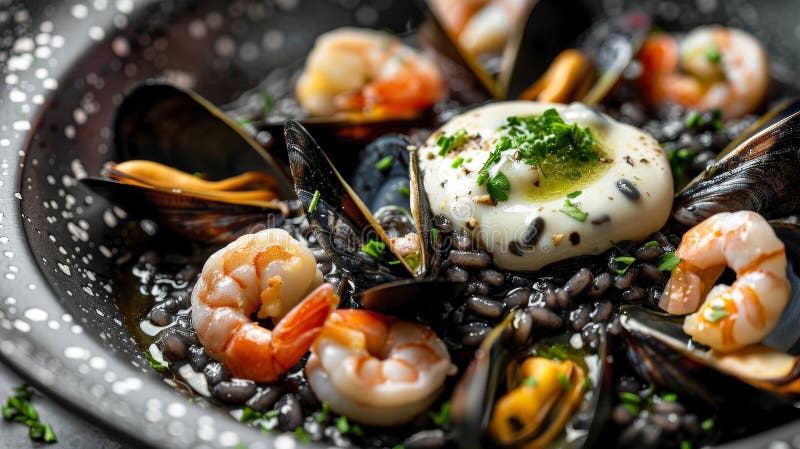 Risotto ai frutti di mare mit Tintenfisch : cremiges schwarzes Risotto mit Kalmare-Muscheln und Muscheln, überragt von einem Goldd lizenzfreie abbildung