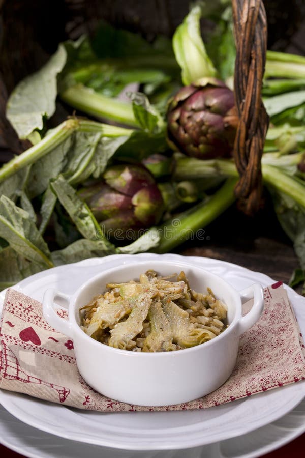 The first dish of rice with artichokes. The first dish of rice with artichokes