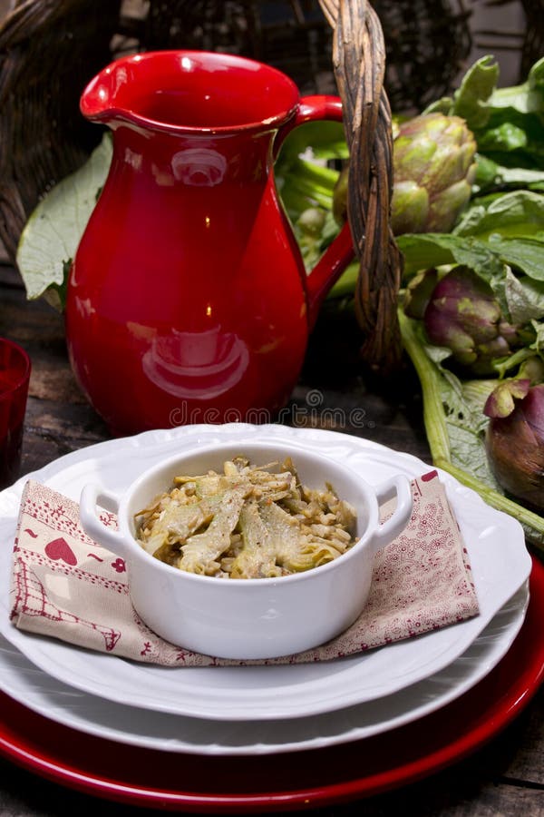 The first dish of rice with artichokes. The first dish of rice with artichokes