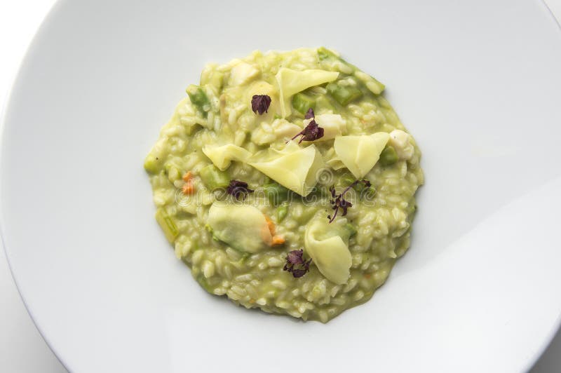 Risotto Dish with Asparagus Scallops and Ginger Stock Photo Image of