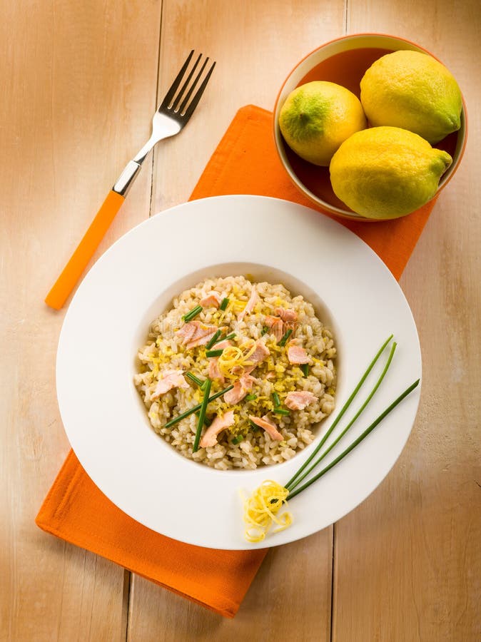 Risotto with fresh salmon stock photo. Image of orange 26299620
