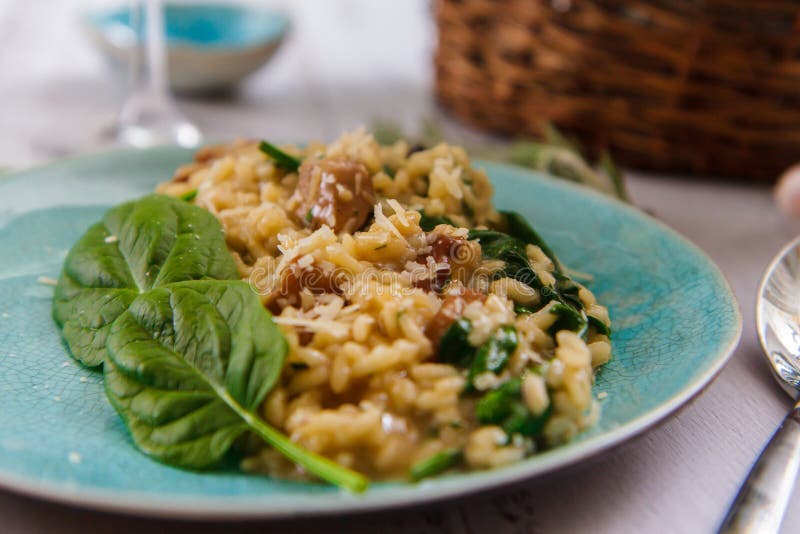 Risotto med champinjoner och spenat på en keramisk platta arkivfoto Risotto med champinjoner och spenat på en keramisk platta arkivfoto