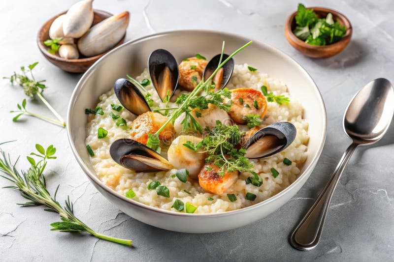 Risotto mit Cremefrüchten und Muscheln und Kamelmuscheln, mit frischen Kräuter gegart. Generative AI stock abbildung