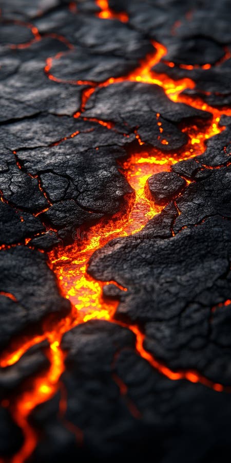 Risse Erdoberfläche mit leuchtendem Orangen Lava, die durch dunkelgraue Risse hindurch fegt lizenzfreie abbildung