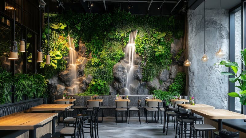 Ristorazione moderna all'interno con funzione Giardino verticale e Cascata illustrazione di stock