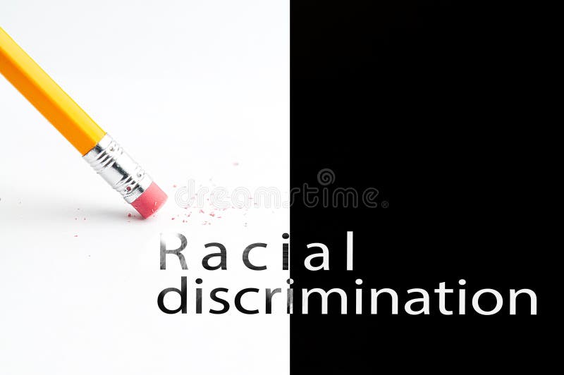 Closeup of pencil eraser and black racial discrimination text. Racial discrimination. Pencil with eraser. Closeup of pencil eraser and black racial discrimination text. Racial discrimination. Pencil with eraser.