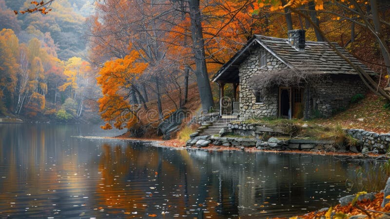 Autumn retreat: Quiet, rustic cottage by a lake, embraced by fall foliage, reflective. Private retreats. AI generated. Autumn retreat: Quiet, rustic cottage by a lake, embraced by fall foliage, reflective. Private retreats. AI generated