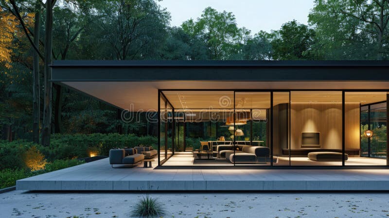 Ultimate retreat in a contemporary glass house, blending with nature, seamless spaces. Private retreats. AI generated. Ultimate retreat in a contemporary glass house, blending with nature, seamless spaces. Private retreats. AI generated