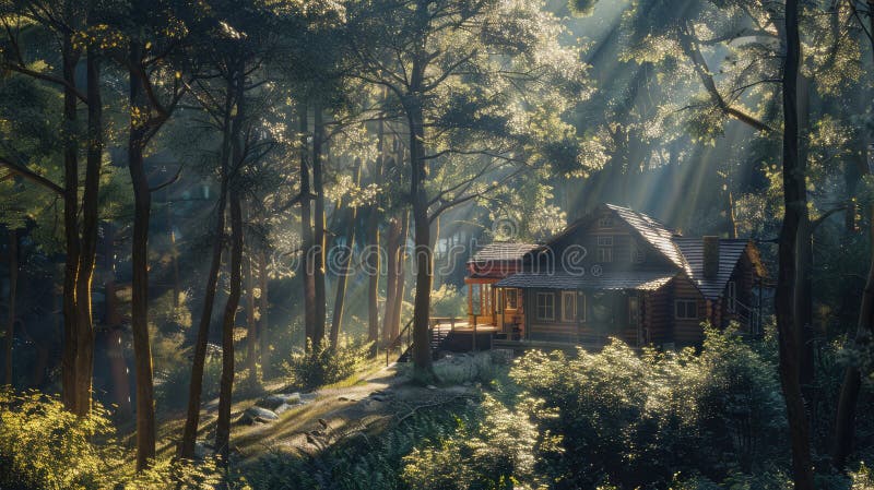 Private cabin retreat nestled in a serene forest, bathed in dappled sunlight. Private retreats. AI generated. Private cabin retreat nestled in a serene forest, bathed in dappled sunlight. Private retreats. AI generated