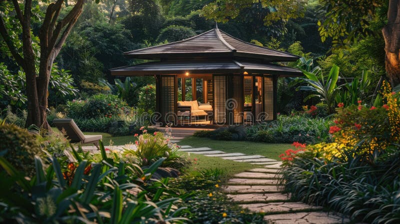 Idyllic retreat in a serene garden with a small pavilion and vibrant flowers. Private retreats. AI generated. Idyllic retreat in a serene garden with a small pavilion and vibrant flowers. Private retreats. AI generated