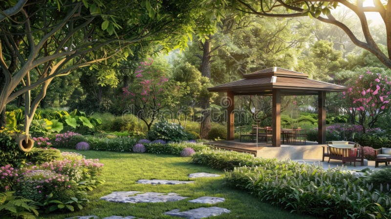 Peaceful garden retreat featuring a private pavilion surrounded by flowers. Private retreats. AI generated. Peaceful garden retreat featuring a private pavilion surrounded by flowers. Private retreats. AI generated