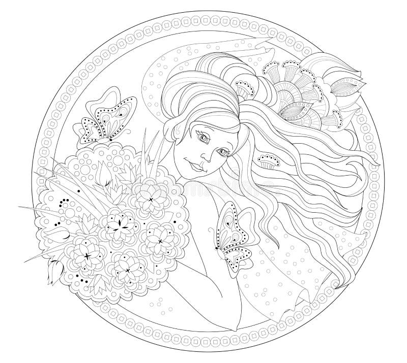 Ritning av en vacker flicka med blombukett Antique medallion med bridporträtt vektor illustrationer