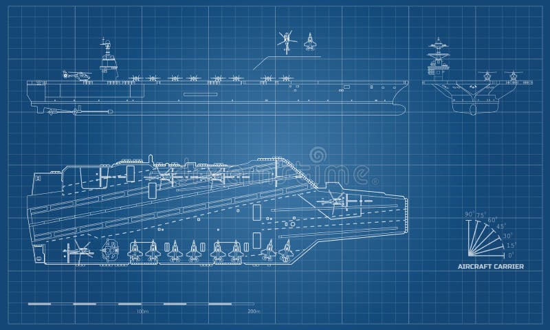 Ritning av hangarfartyget Militärt skepp Överkant-, framdel- och sidosikt Slagskeppmodell Krigsskepp i översiktsstil stock illustrationer Ritning av hangarfartyget Militärt skepp Överkant-, framdel- och sidosikt Slagskeppmodell Krigsskepp i översiktsstil stock illustrationer