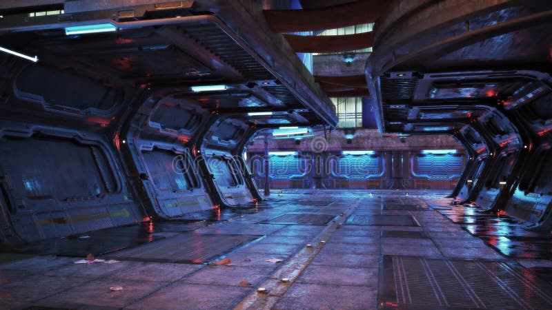 Ritorno futuristico della città urbana scende lo sfondo del corridoio sci fi con accento neon illustrazione di stock