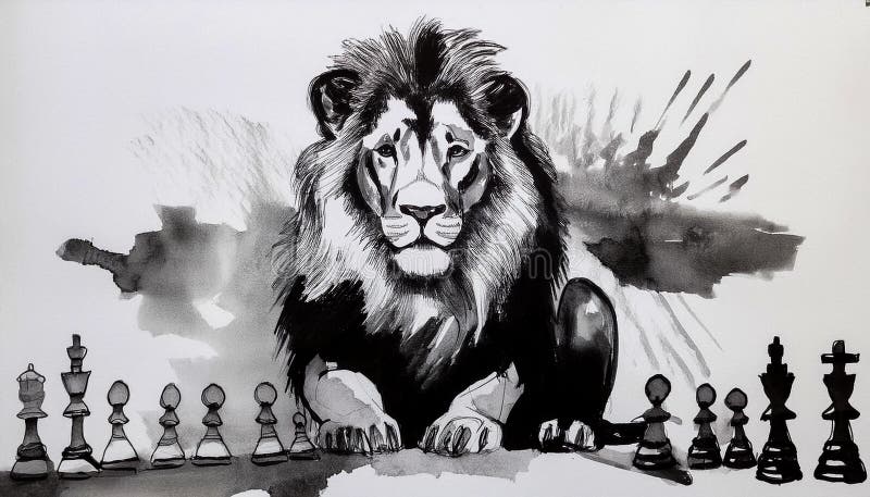 Ritratto artistico di un leone con pezzi di scacchi illustrazione di stock