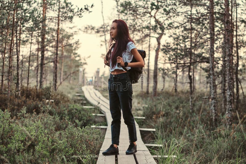 Ritratto completo del corpo di una ragazza turistica che sta sul sentiero per pedoni di legno in una bella foresta immagine stock Ritratto completo del corpo di una ragazza turistica che sta sul sentiero per pedoni di legno in una bella foresta immagine stock