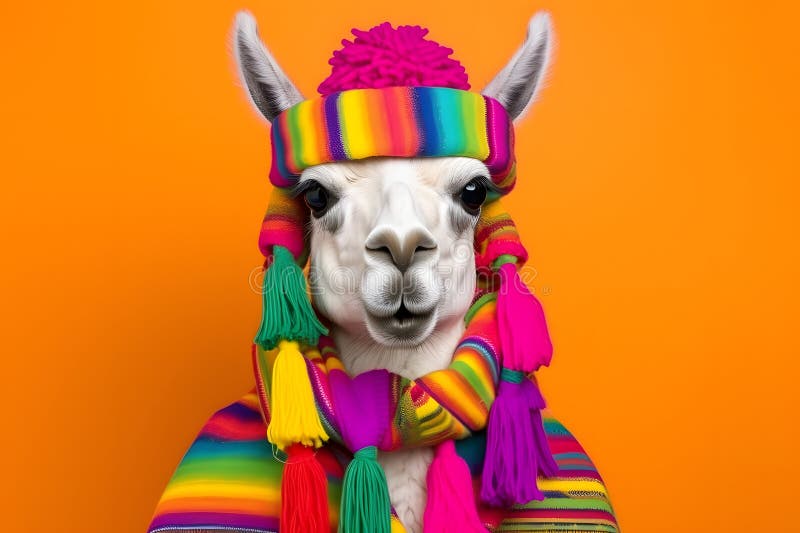Ritratto da studio di un lama con sciarpa e guanti a maglia. concezioni colorate per l'inverno e il freddo. aie generativa