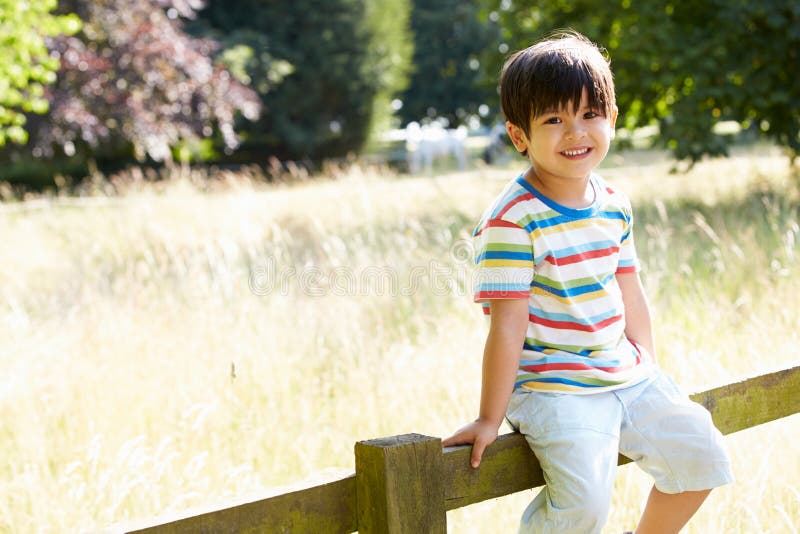 Ritratto del ragazzo asiatico che si siede sul recinto In Countryside