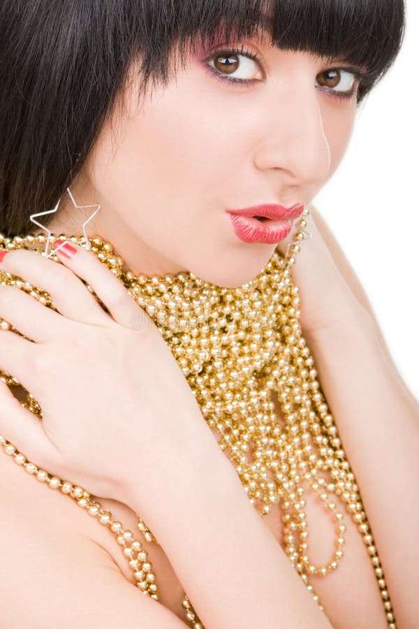 Portrait of fashion woman with gold necklace on the white background. Portrait of fashion woman with gold necklace on the white background