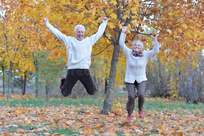 Ritratto della donna e dell'uomo senior felici in parco fotografia stock Ritratto della donna e dell'uomo senior felici in parco fotografia stock