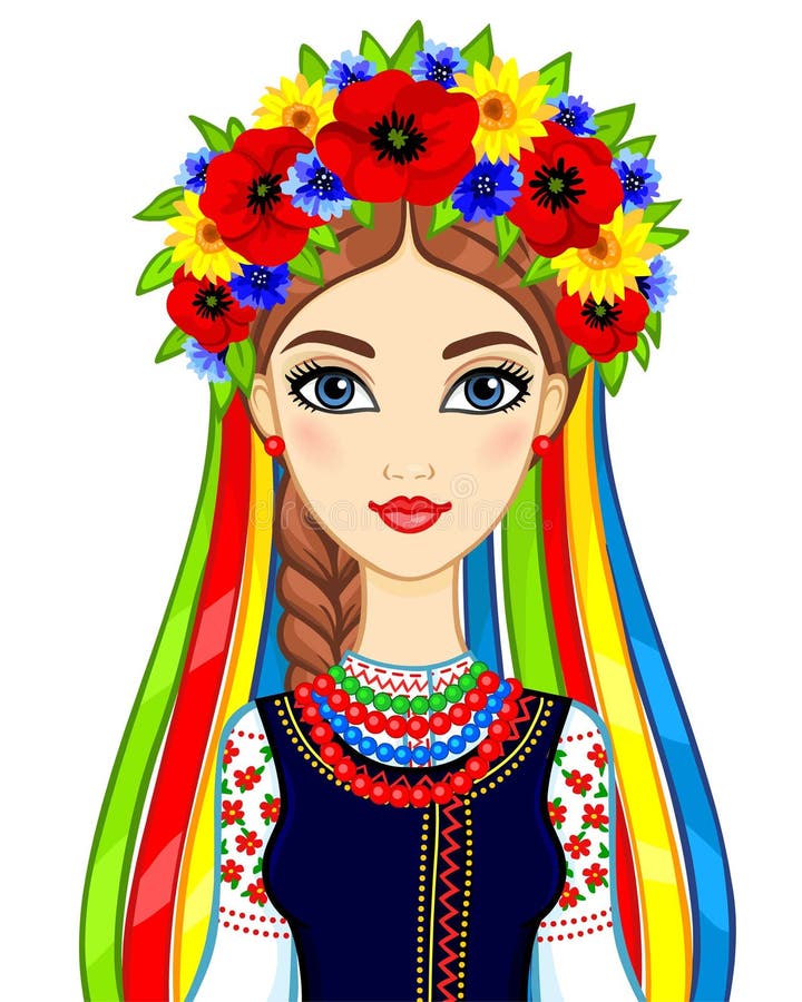 Ritratto di animazione di giovane ragazza ucraina in vestiti tradizionali